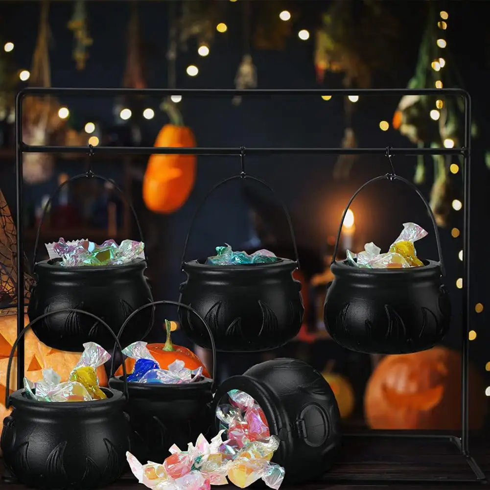 Halloween Table Decor Halloween Candy Bowl Set with Iron Rack Witch Cauldron Treat Bowls Black Plastic Candy Bucket for Indoor