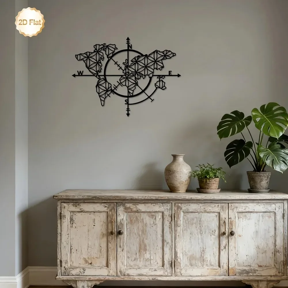 CIFbuy Metal Wall Art Iron Compass World Map Sculpture 2D Decor for Home & Office