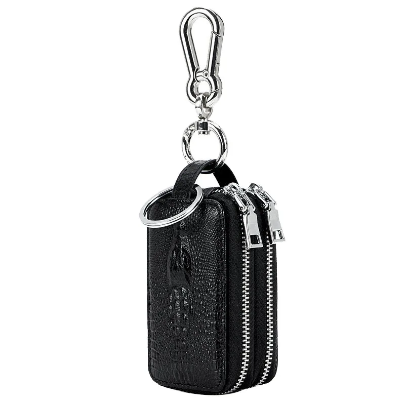 Leather Crocodile Pattern Key Ring Car Key Wallet Large Capacity Storage Bag Key Bag Black Double Zipper Without