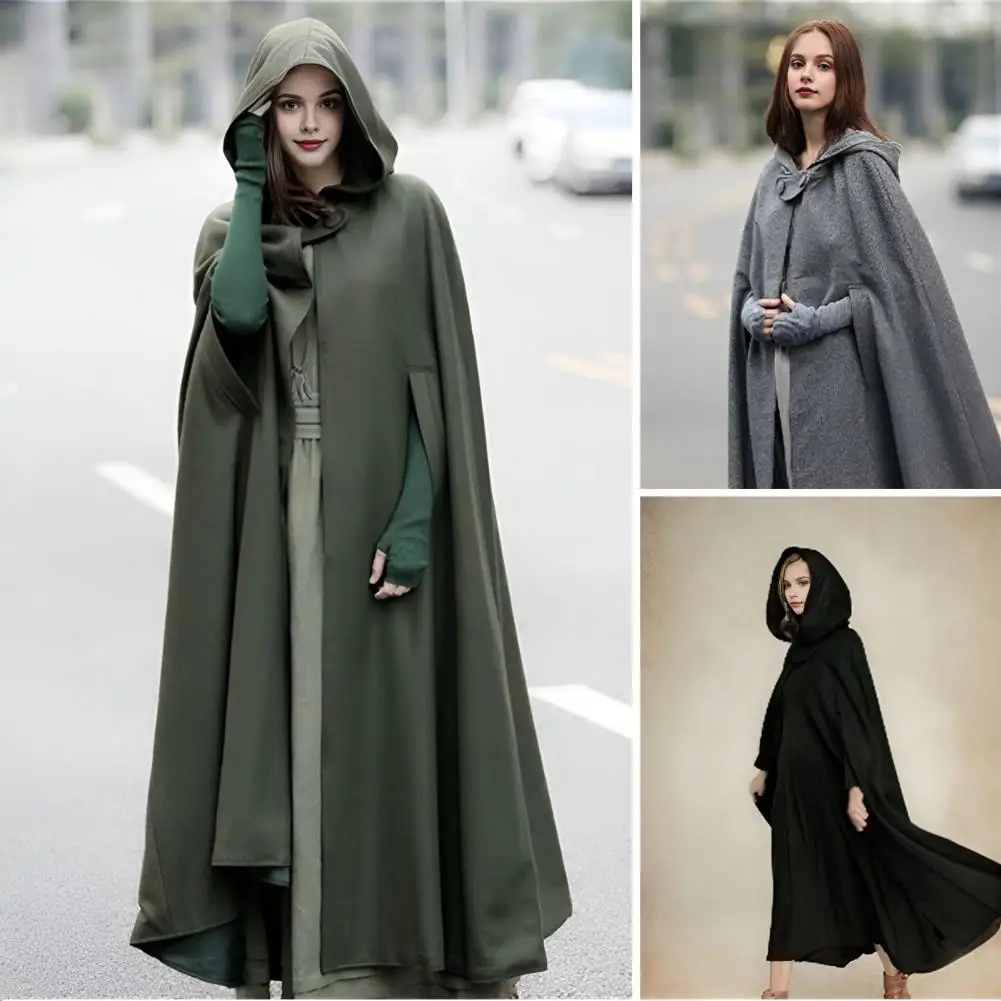 Winter Women Hooded Shawl Jacket Retro Medieval Gothic Keep Warm Cape Thick Single-Button Closure Outdoor Poncho Pirate Robe