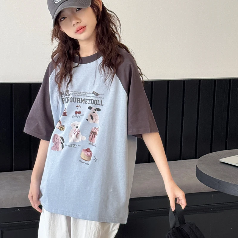 Camiseta de Manga Curta para Meninas, Manga Raglan, 100% Algodão, Corte Solto, Top Versátil de Verão para Crianças