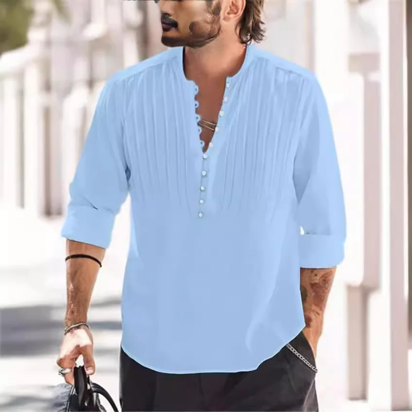 Camisa de manga larga informal de negocios con cuello levantado y múltiples botones para hombre nueva primavera