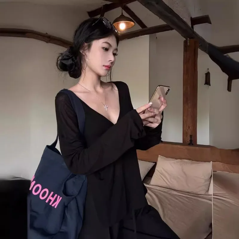 Women Lazy Style V Neck Long Sleeve T Shirts Loose Sheer Cover Up Casual Blouse