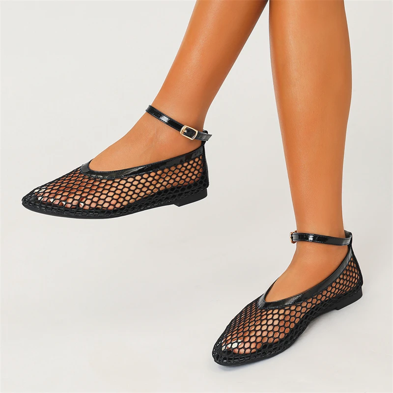 Air Mesh Hollow-intagliato Design scarpe basse da donna cinturino con fibbia alla caviglia scarpe da donna di moda fatte a mano punta tonda Zapatos