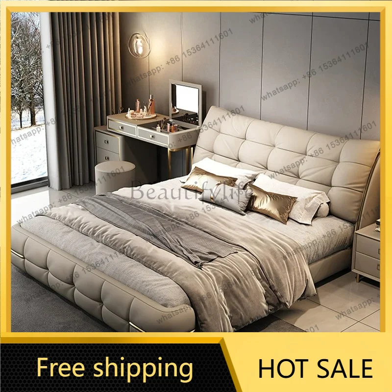 FG Genuine leather bed replaces simple master bedroom wedding bed Italian style light luxury double soft bag storage large bed