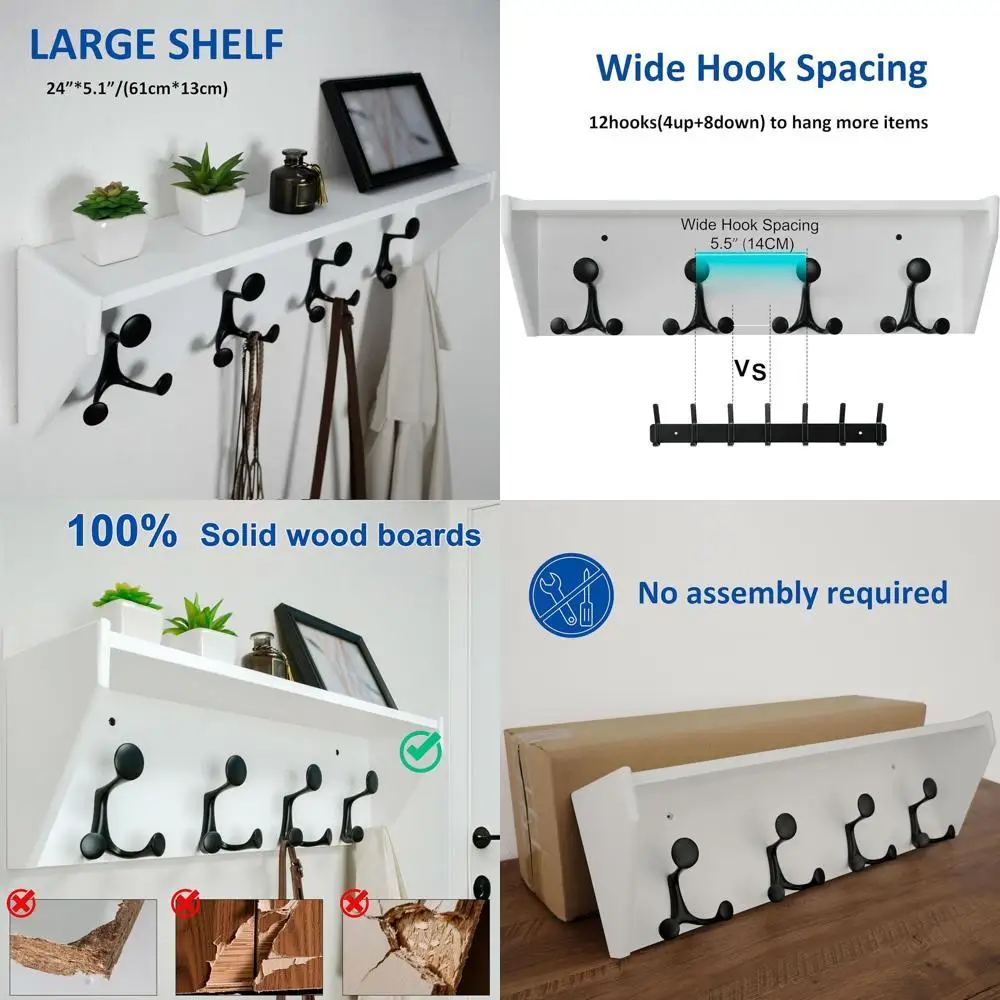 

24 White Wall-Mounted Coat Rack with Shelf and 12 Hooks for Entryway, Hallway, Bedroom, or Mudroom