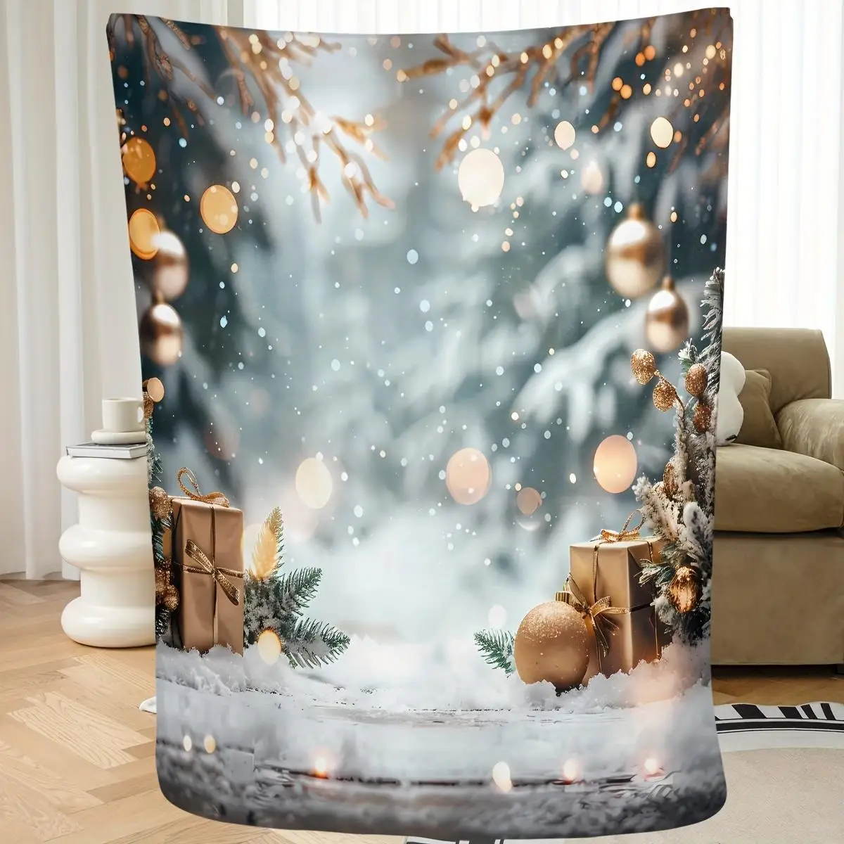 Heavyweight Christmas Blanket - Soft Polyester Winter Snowflake Twinkling Golden/Green/White/Grey - All-Season Cozy Bedspread