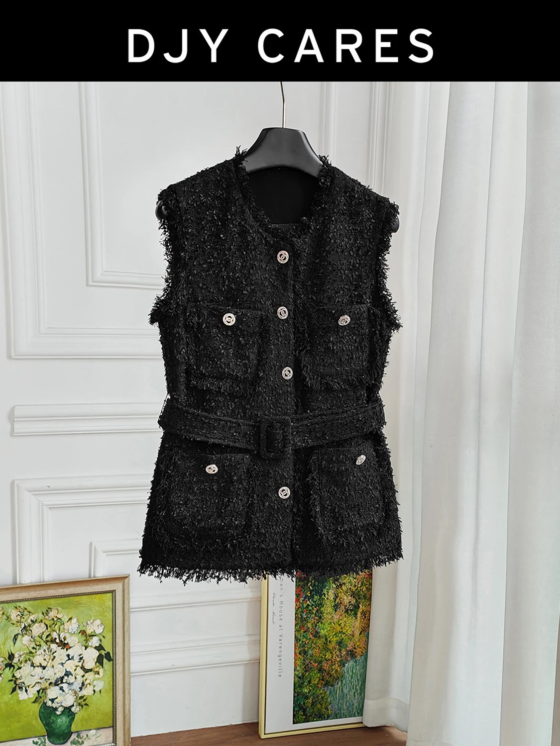 

New black Handmade tassel waistband slimming vest sleeveless top big size