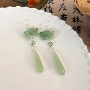 خطافات أذن قلادة لوتس بسيطة ، أقراط قطرة ماء أنيقة قديمة ، نمط يدوي صيني قديم ، صيني كلاسيكي أفضل 6 مبيعات أقراط صينية - رقم 6