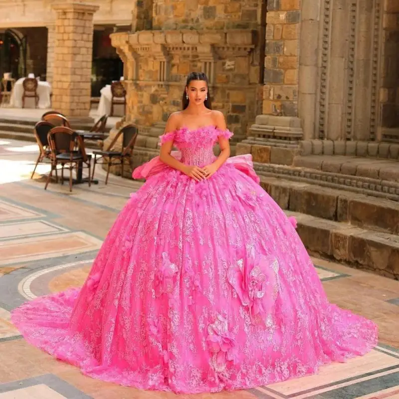 หรูหรา 3D ดอกไม้สีชมพู Applique Quinceanera ชุด Charming Lace Party Dress เงา 3D ดอกไม้พรรคชุด 16 ที่กําหนดเอง