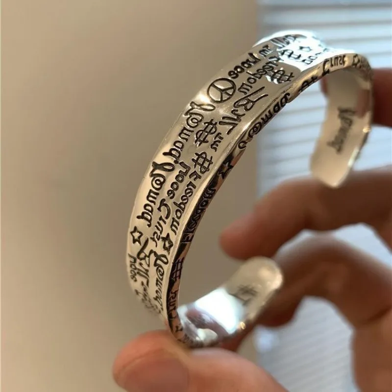 Vintage Engraved Plated Silver Thai Silver Bangle, Retro Graffiti Design, Minimalist Luxury Unique Ins Style Bracelet for Couple