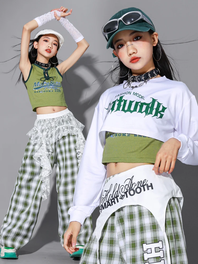 

Детская одежда в стиле хип-хоп, костюм для джазовых представлений для девочек, белые топы с пупком, жилет, клетчатые штаны, спортивная уличная одежда для бега, BL18030