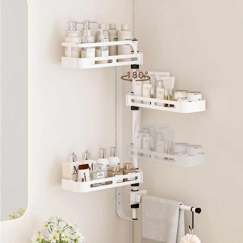 Rushed Cream Wind Adjustable Bathroom Rotating Storage Rack Bathroom Non Punching Hanging Rack Washbasin Shower Room Towel Hook