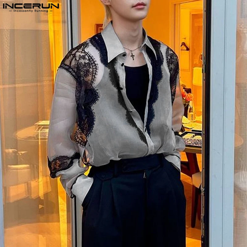 

INCERUN Tops American Style Men's Fashion See-through Lace Patchwork Shirt Sexy Casual Male Thin Long Sleeved Lapel Blouse S-5XL