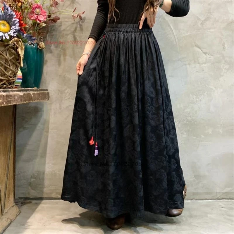 2025 traditional chinese vintage skirt national satin jacquard a-line skirt retro elastic waist oriental ethnic folk long skirt