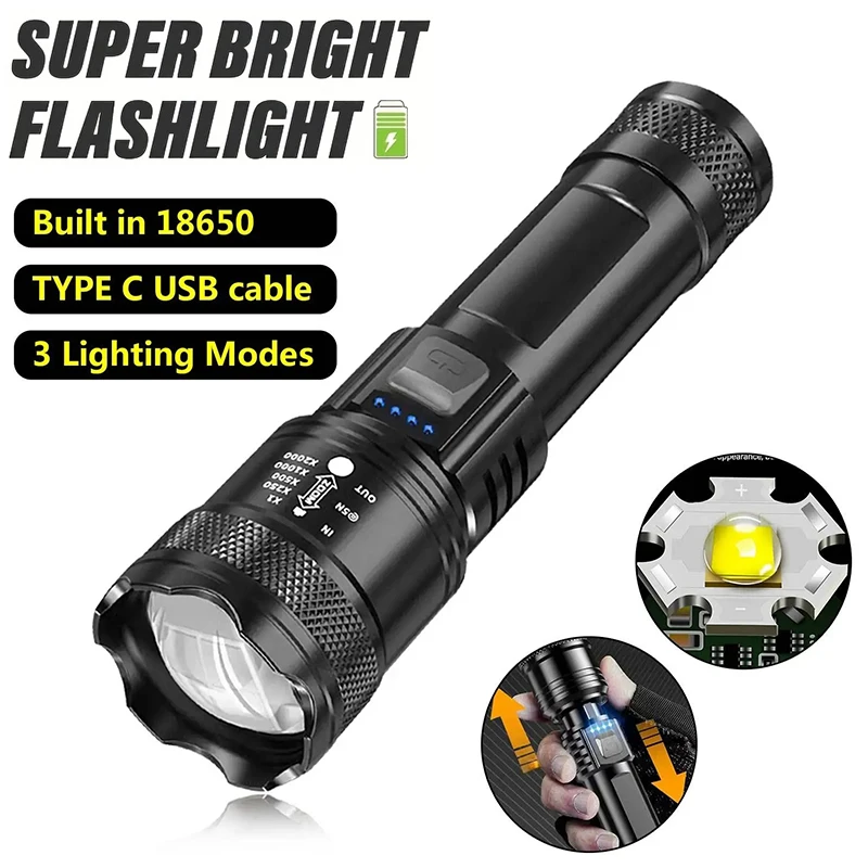 

Сильный свет светодиодный фонарик портативный перезаряжаемый фонарик телескопический зум-светильник безопасности для наружного кемпинга, рыбалки, работы