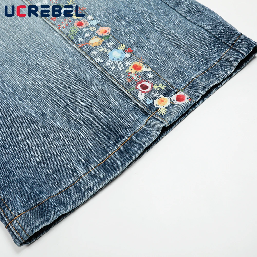 ดอกไม้พิมพ์ Spliced กางเกงยีนส์กางเกงขาสั้น Mens Retro High Street ล้าง Distressed หลวมขากว้าง Jorts Men