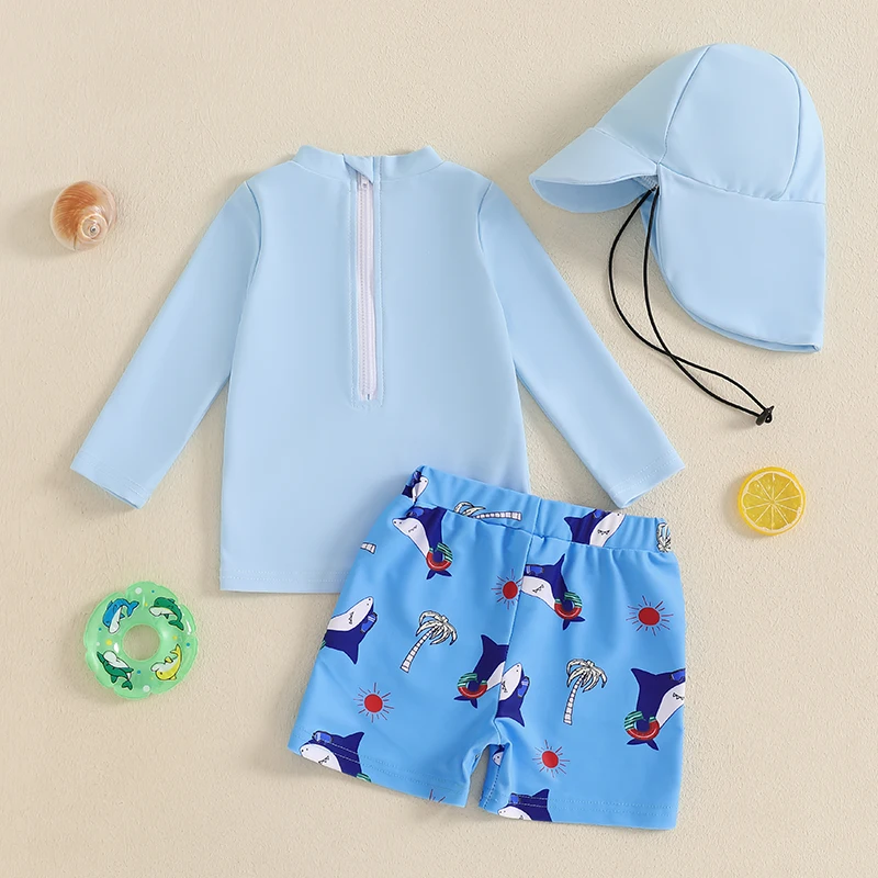 Kid Baby Boys Rash Guard Swimsuit Set Sun Pattern Long Sleeve Round Neck Tops with Shark Shorts and Swim Hat