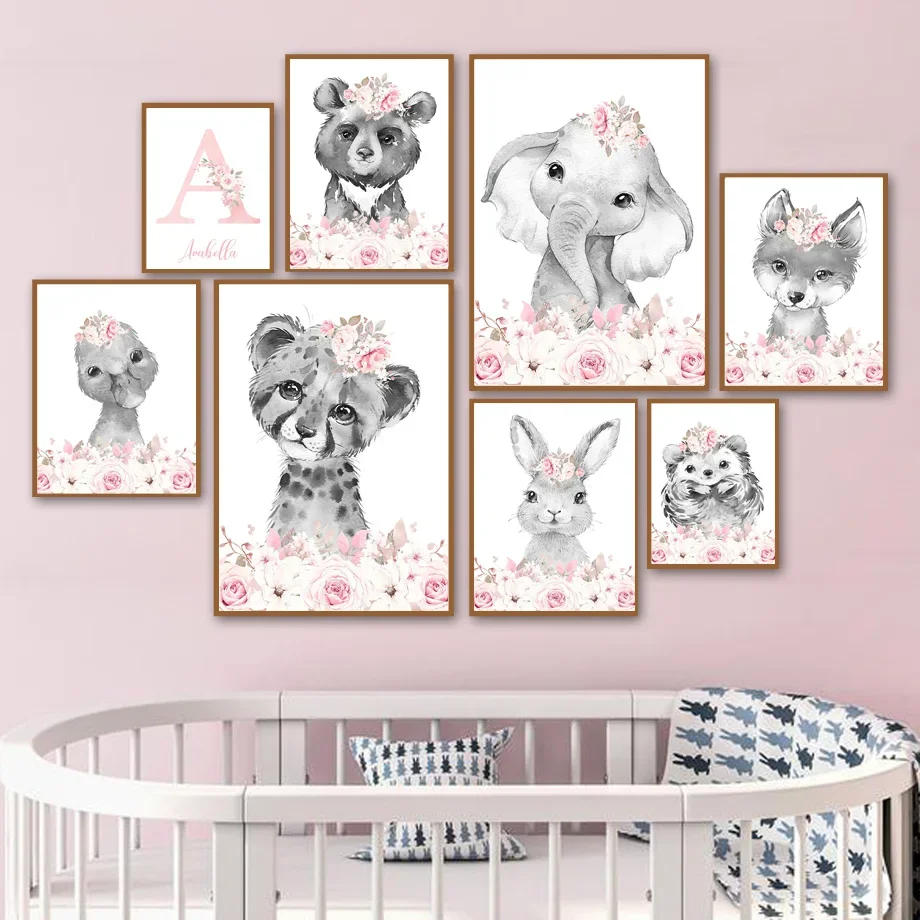 

Customize Name Kids Room Decoration Wall Art Prints Animals Interior Poster Baby Canvas Decorative Wall Pictures Home Decor