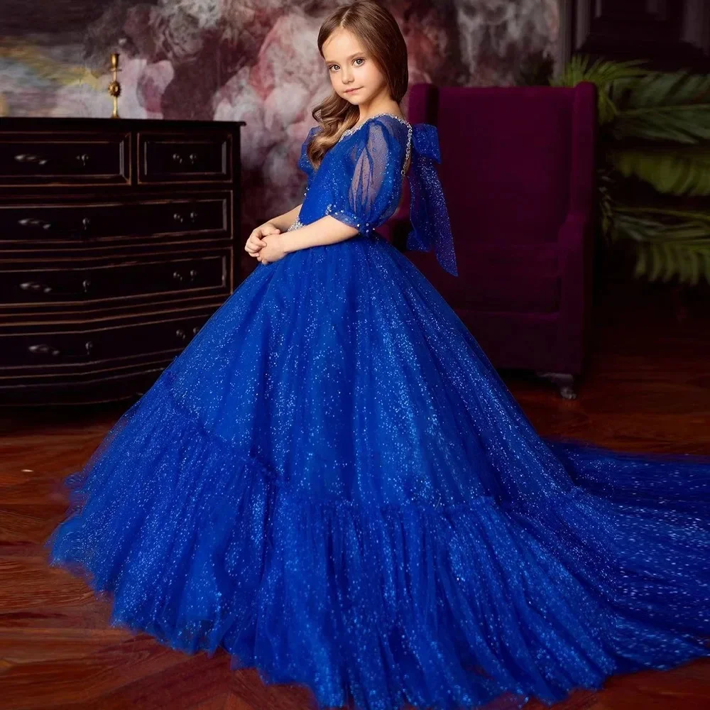 

Customized Blue Flower Girl Dress For Wedding Bowknot Beading Glitter Floor Length Kids Birthday Party First Communion Gown