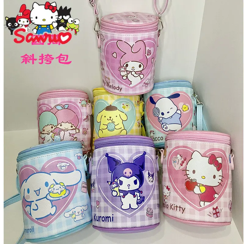 MINISO Melody Kuromi Hello Kitty Cinnamoroll Pochacco Waterproof Cylindrical Crossbody Bag Cylindrical Travel Storage Backpack