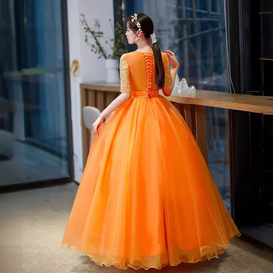 Vestidos de quinceañera naranja, lazo dulce de 16 años, fiesta de graduación, Vintage, largo hasta el suelo, lentejuelas, vestido de baile, bordado de encaje, Media manga