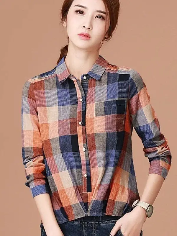 

Elegant Women's Chiffon Plaid Blouse Short Sleeve Cleanfit Style Thin Poly Fabric A-Line Sleeve Female Fashion Shirt