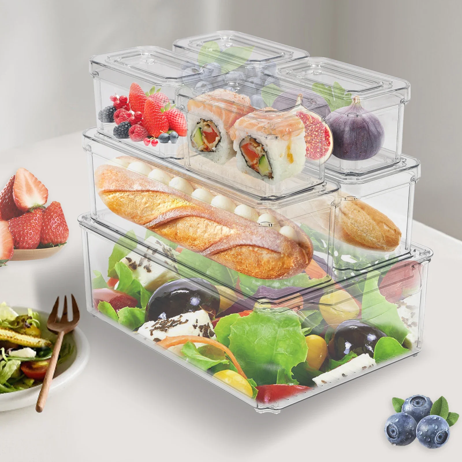 Ensemble de 7 organisateurs de réfrigérateur, conteneurs de rangement empilables avec couvercles, bacs de rangement en plastique transparent pour congélateur de Fruits et légumes