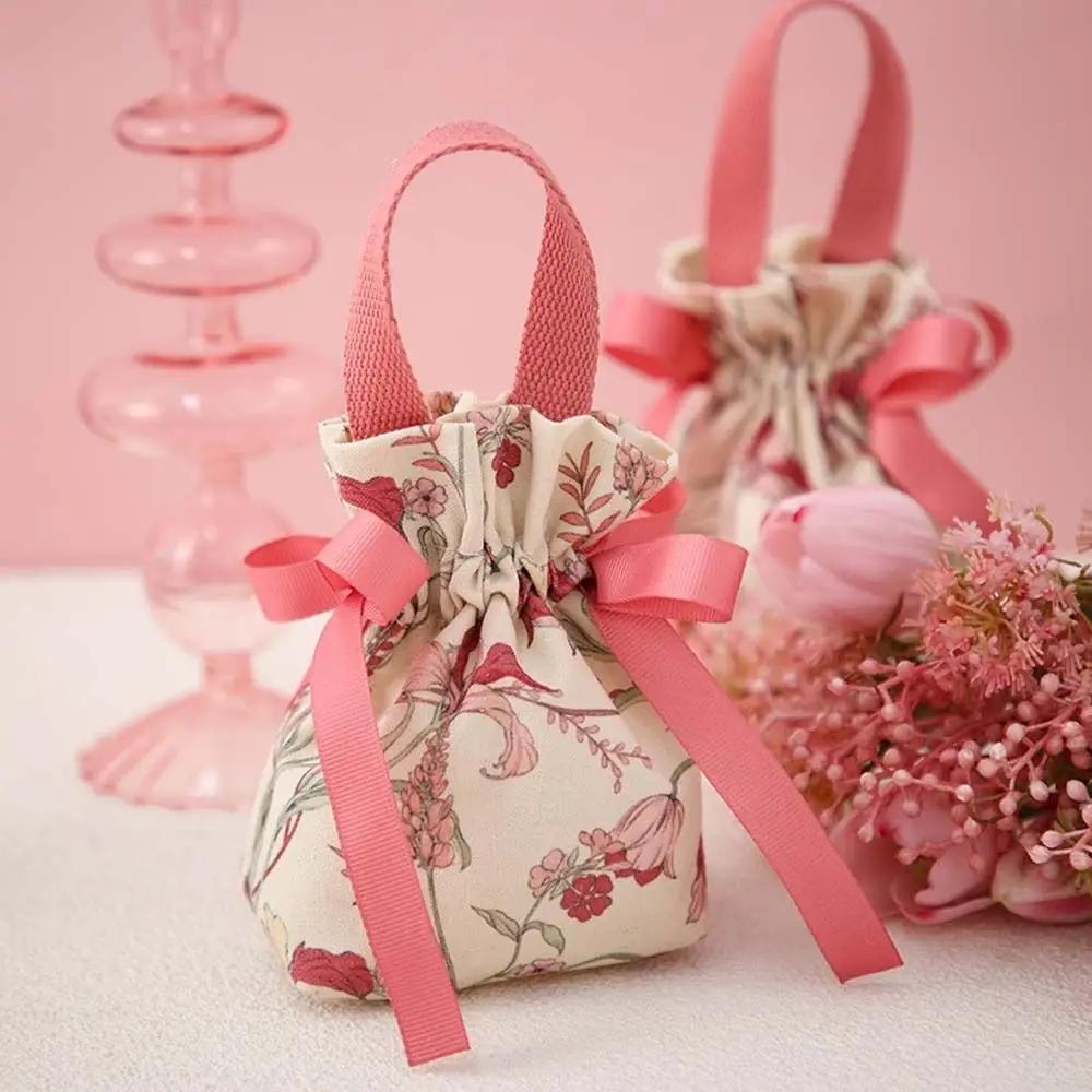 Koreaanse Canvas Feestelijke Drawstring Suikerzak Bloemen Bruiloft Handtas Grote Capaciteit Souvenir Tas Sieraden Verpakking