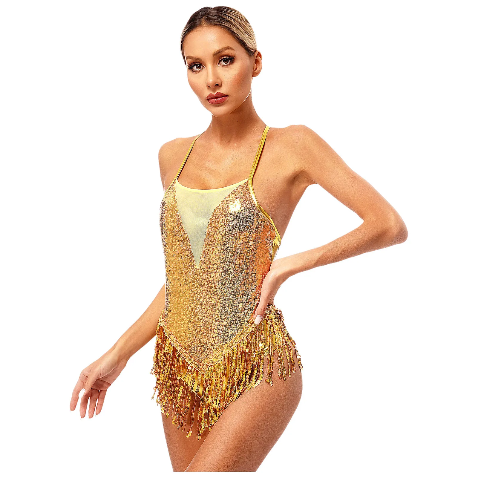 Sparkling Sequins Fringed Leotard เซ็กซี่ข้ามกลับบอดี้สูท Latin Dance ชุดบอดี้สูทสําหรับสตรี Dancewear Samba Cha-cha ประสิทธิภาพ