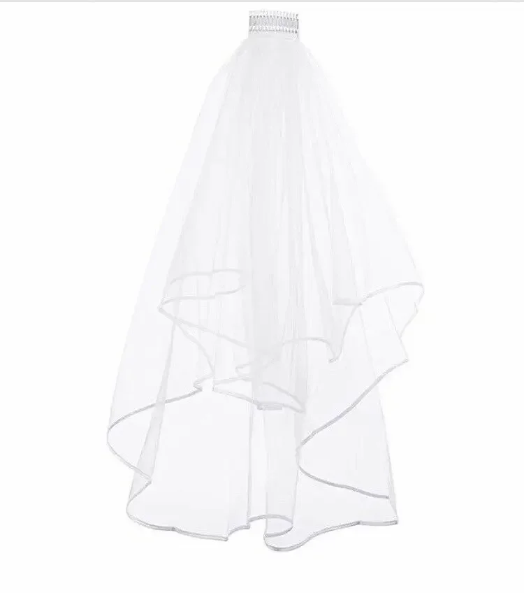 White 2 Tier Wedding Veil Bride To Be Hen Party With Comb Ribbon Edge