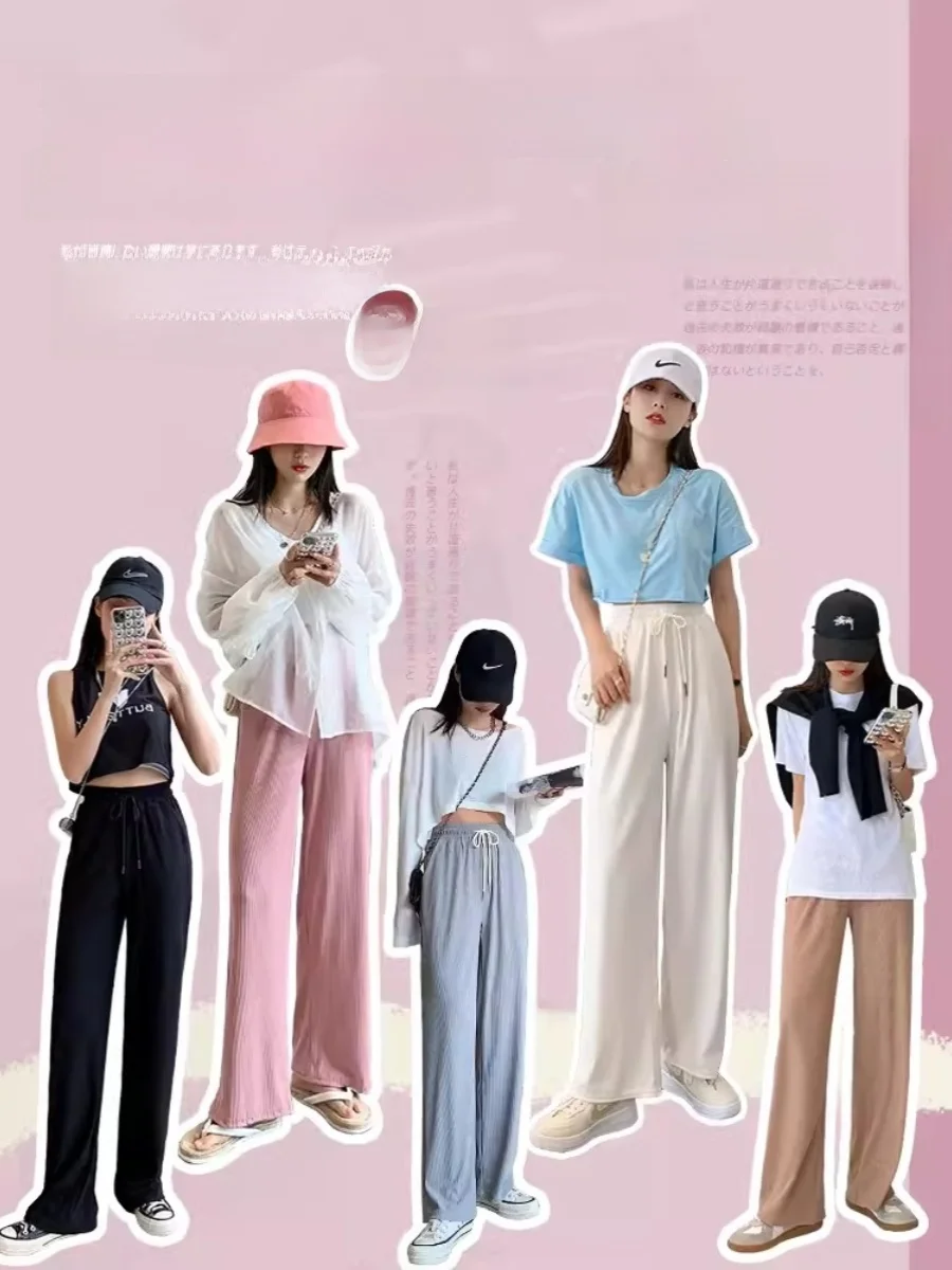 بنطلون واسع الساق من الحرير الصناعي للنساء، رقيق للصيف، خصر عالي، تصميم منسدل مستقيم، للربيع والخريف، أبيض من الشيفون، طويل يصل للأرض، كاجوال...