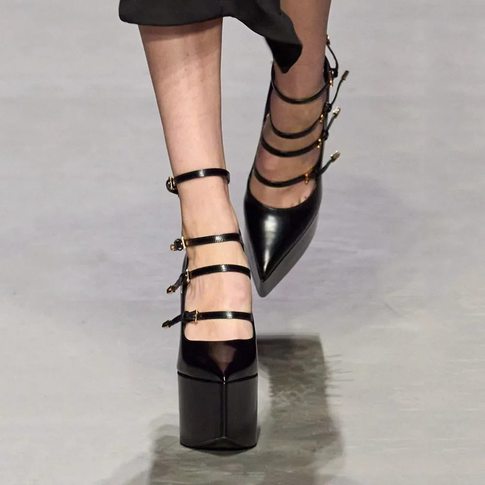 

Arden Furtado 2024 Patent Leather Wedges Shoes Pointed Toe Platform Super High Heel Belt Buckle Elegant Large Size Pumps