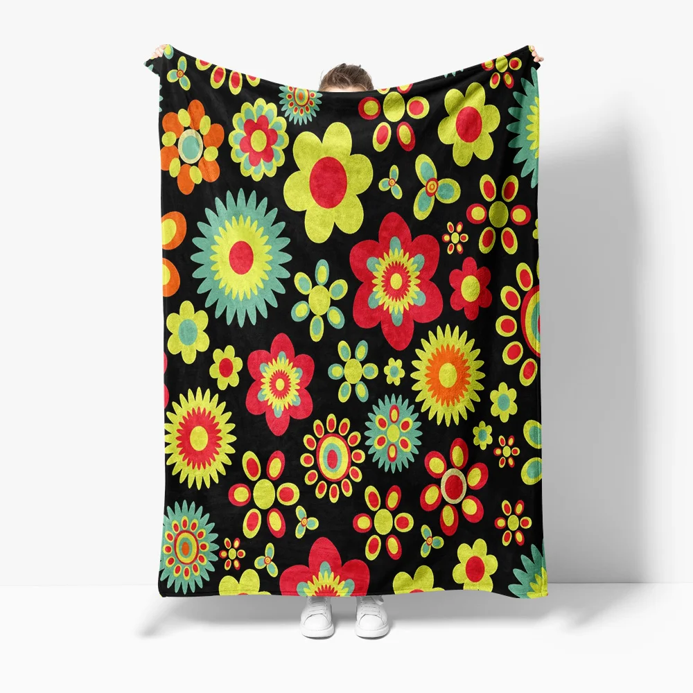 

Vibrant Retro 60s Flower Print Fleece Blanket Small Throw Soft Cozy Decorative Bed Blanket Gift