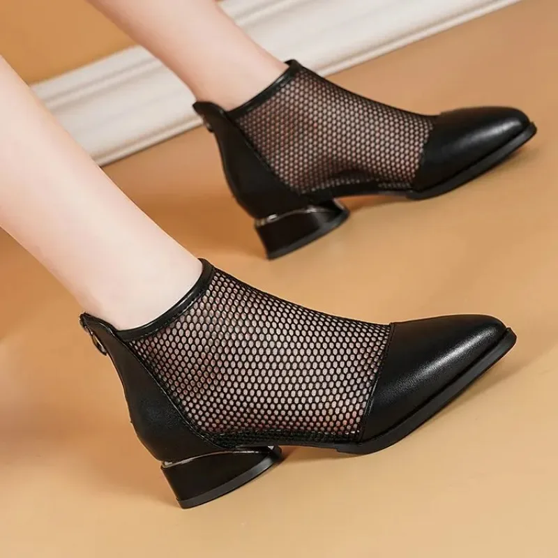 New Arrive Summer Sexy Mesh Ankle Boots 2023 Pointed Toes Low Heels Ladies Short Boots Chunky Heels Spring Back Zipper Shoes