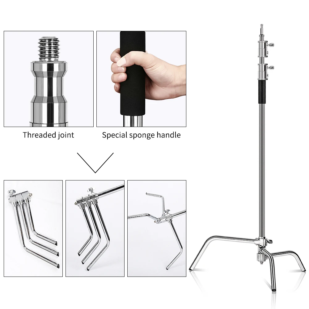 SH 3.3M 사진 조절 가능 헤비 듀티 스테인레스 스틸 C 스탠드, 모노라이트, 소프트 박스, 리플렉터용 가방 및 휠 포함