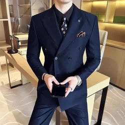 Double Breasted Full Men's Suits and Blazers Solid Color 2 Piece Outfit Set Male Youth Casual Gentleman Trends Costumes Elegant