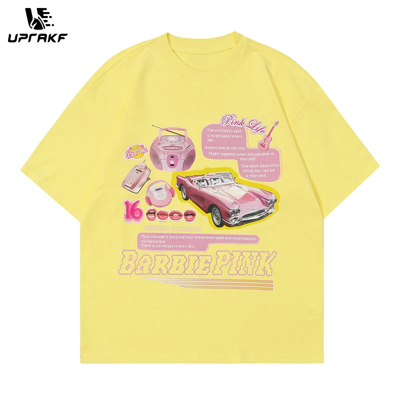 UPRAKF Car Phone Print T Shirt Oversize Tees Fashion Casual Streetwear Pure Cotton Top Short Sleeve Loose Summer