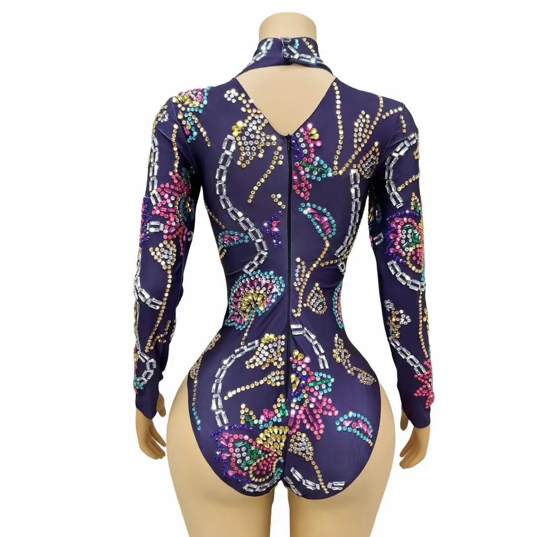 Women Flashing Colorful Rhinestones Purple Leotard Luxury Celebrate Sexy Outfit Long Sleeves Bodysuit Birthday Costume Jingu