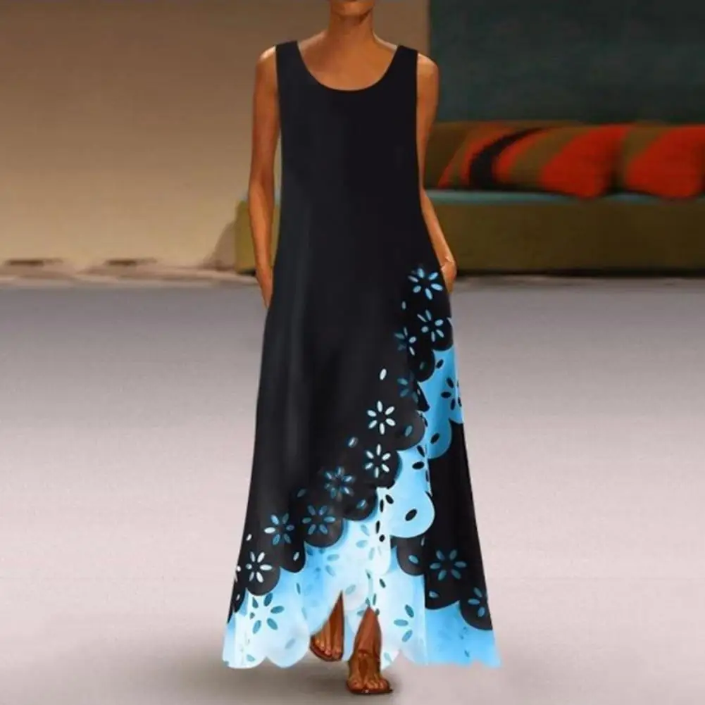 2025 Hollow Flower Irregular Hem Sleeveless Tank Dresses O Neck Dress Summer Fake Two Piece Swing Maxi Dress Casual Long Dress