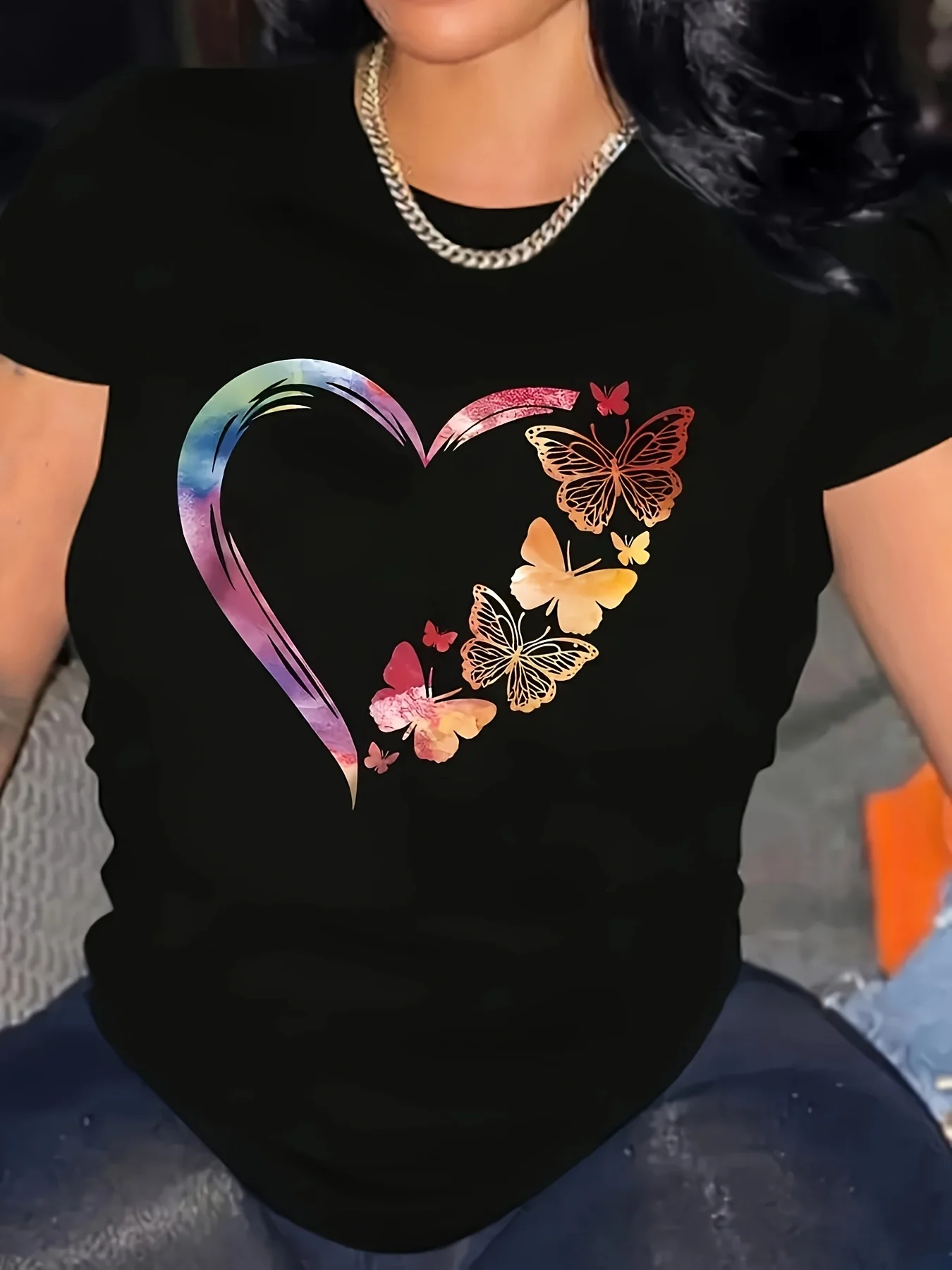 Women's Plus Size Elegant Heart & Butterfly Print T-Shirt - Soft Polyester Blend, Round Neck, Short Sleeve, Machine Washable - Black with Colorful Swirling Design