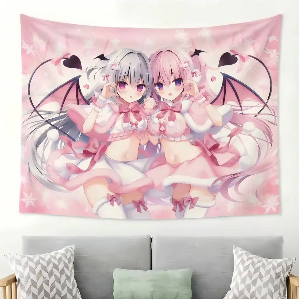 Kawaii Pink Succubus Twins Anime Tapestry, Pastel Aesthetic Wall Hanging Cute Demon Girl Decor for Bedroom Dorm Room