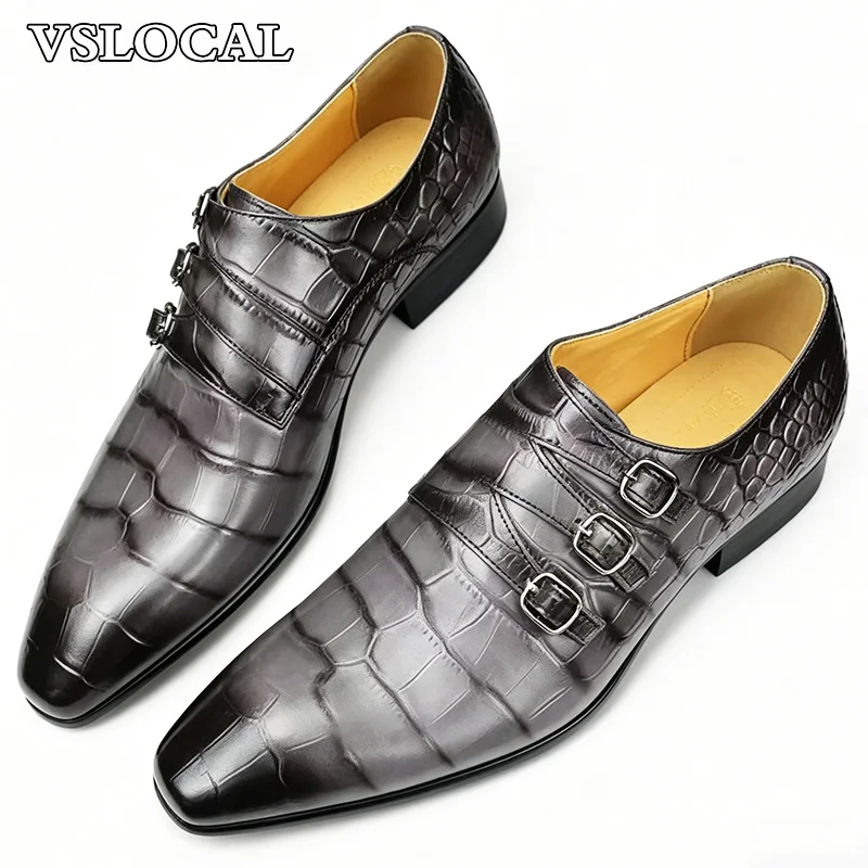 Luxury Men Leather Shoes Slip-On Black Croco Print Three Buckle Strap Loafers Mens Dress Shoes Wedding Office Shoes Men