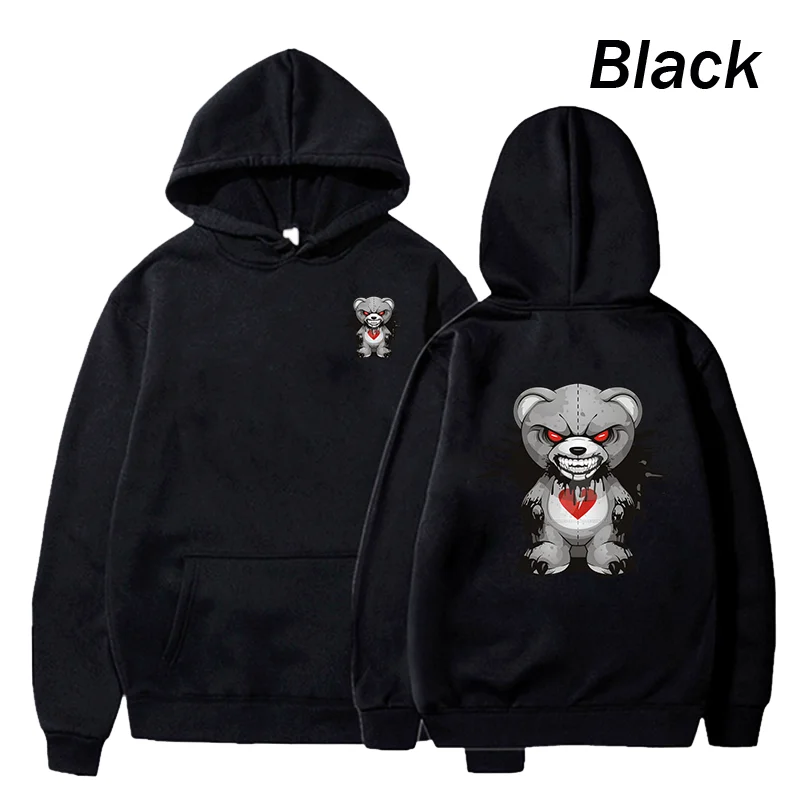 New Funny Evil Bear Hoodie Bear Print Clothing Casual Hooded Men Fashion Sweatshirts Fleece Loose Streetwear