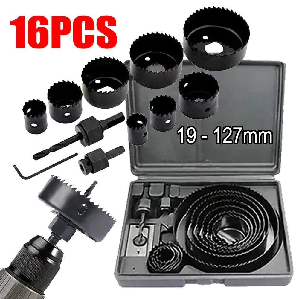 16 PCS Hole Saw Kit Set 19-127mm Round/Circular Hole Saw Cutter Kit for Wood with Storage Box Ideal for Soft Wood PVC Board