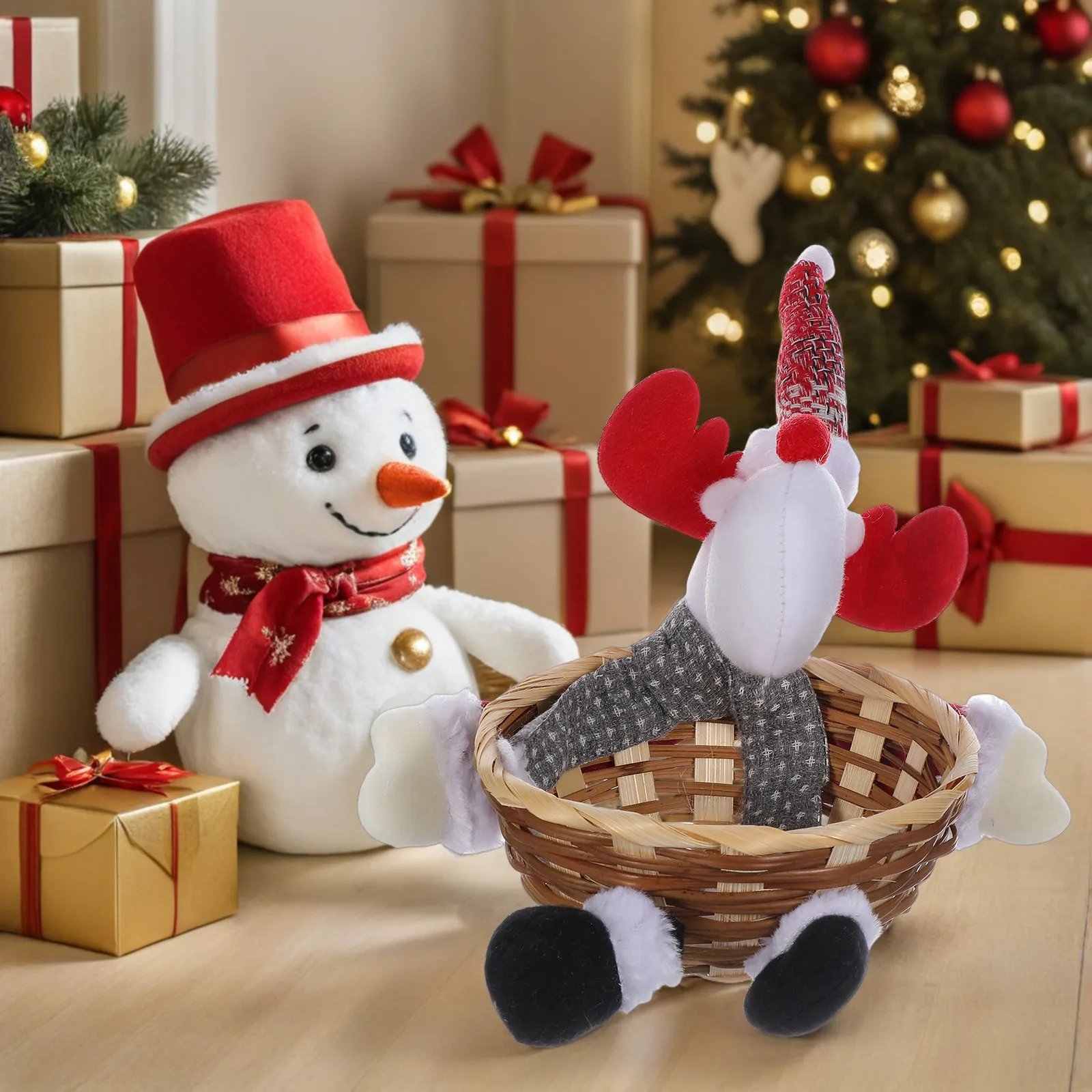 Cesta Navideña Tejida con Diseño de Reno, Construcción Robusta de Bambú, Cesta para Dulces, Tazón para Bocadillos, Plato para Golosinas Navideñas, Decoración para Mesa de Navidad