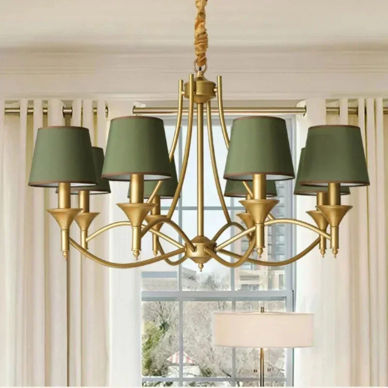 Vintage Home Lighting Chandeliers Indoor Bedroom light Fixtures Grey Green Fabric lampshade Copper Iron Chandelier E14 110-240V