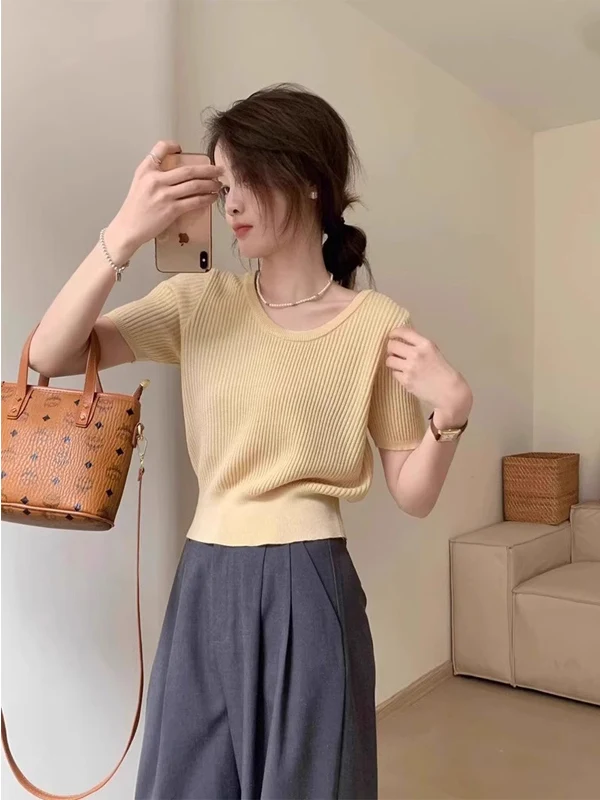 

Slimming Loose Fit round Neck Short Sleeve T-Shirt Korean Style Knitted Sweater Fashionable Summer New Arrival Women's Top