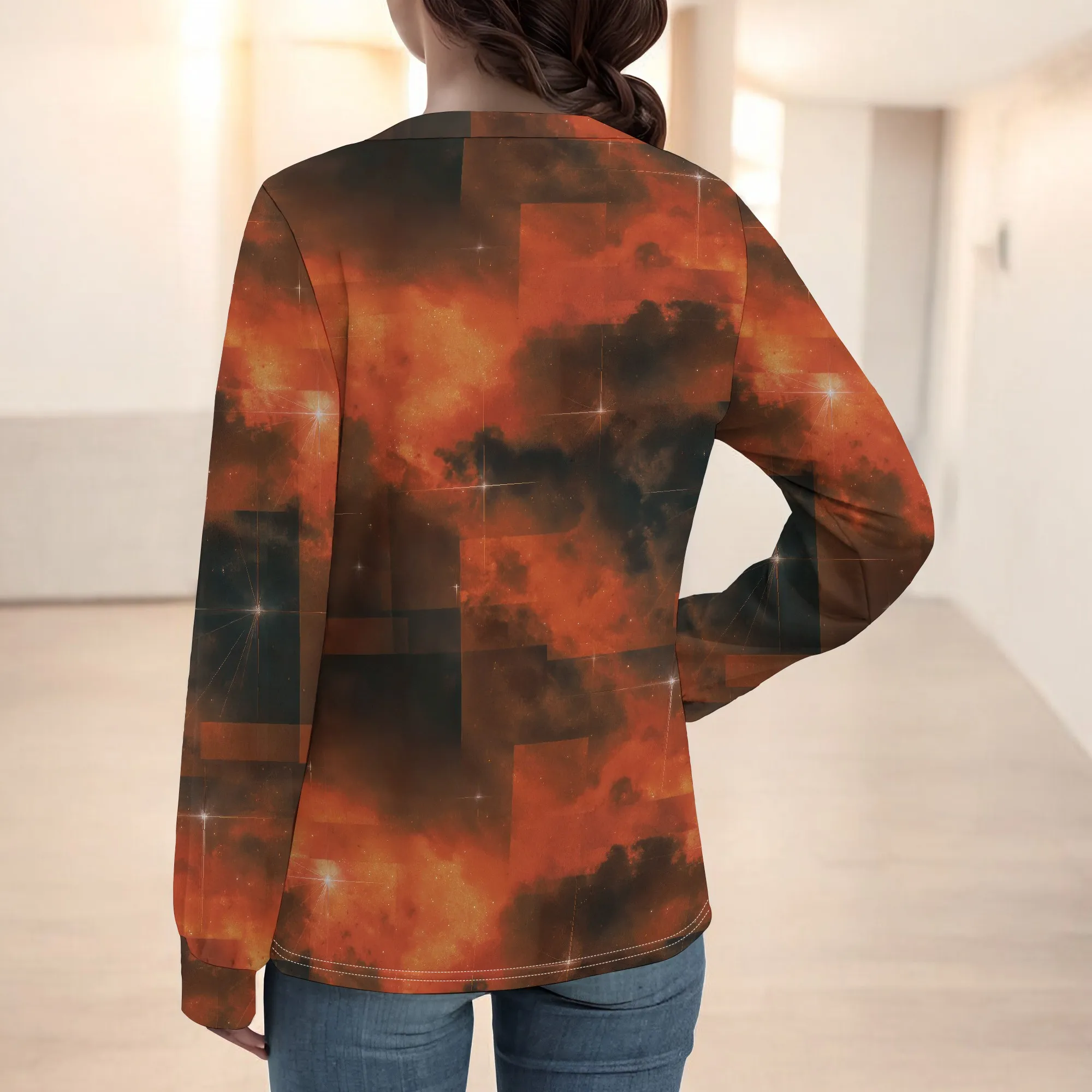 เสื้อสเวตเตอร์ลายดอกไม้สําหรับผู้หญิงฤดูใบไม้ร่วงแฟชั่นภาพวาดสีน้ํามันดอกไม้กราฟิกเสื้อสวมหัวคอกลมแขนยาว Y2K เสื้อ T