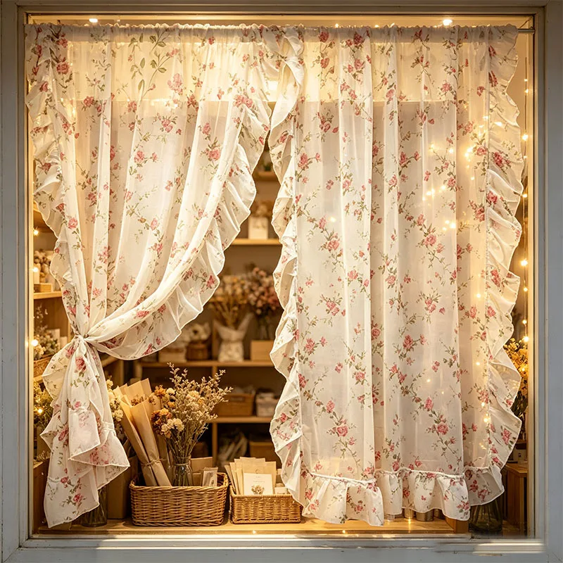 1pc Cottagecore Pink Wild Rose Print Terylene Sheer Curtain, Wavy Ruffle Edge Long Rod Pocket Window Drape for Apartment
